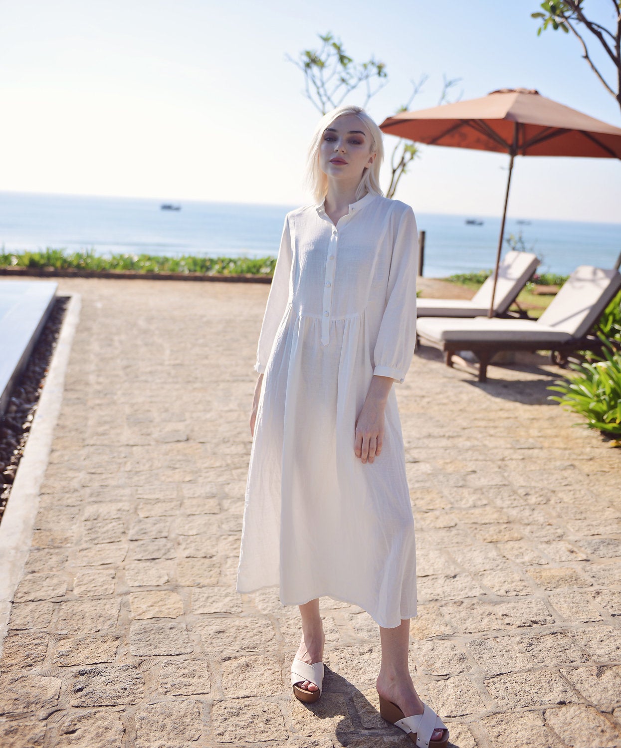 Linen Kaftan Tunic Dress - Cotton Mid-calf Tunic Dress - Organic Clothing