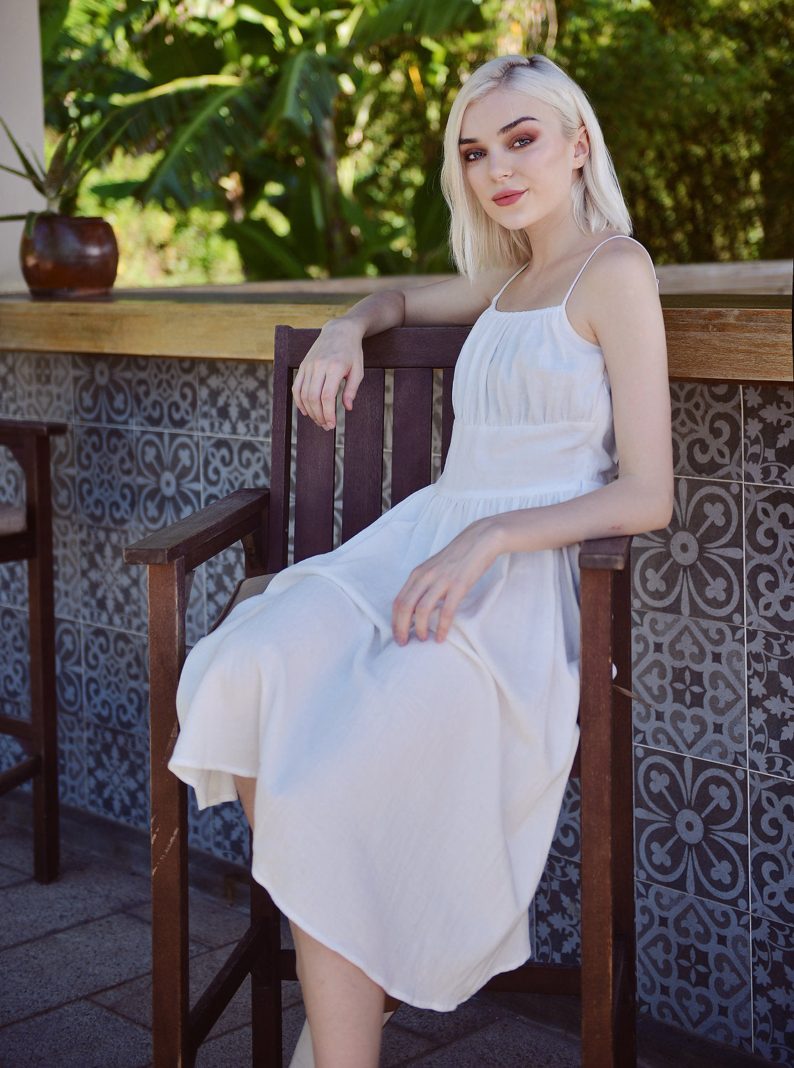 Cotton Linen Gathered Dress - Linen White Midi Dress - Vintage Style Dress - Retro Sundress Cotton