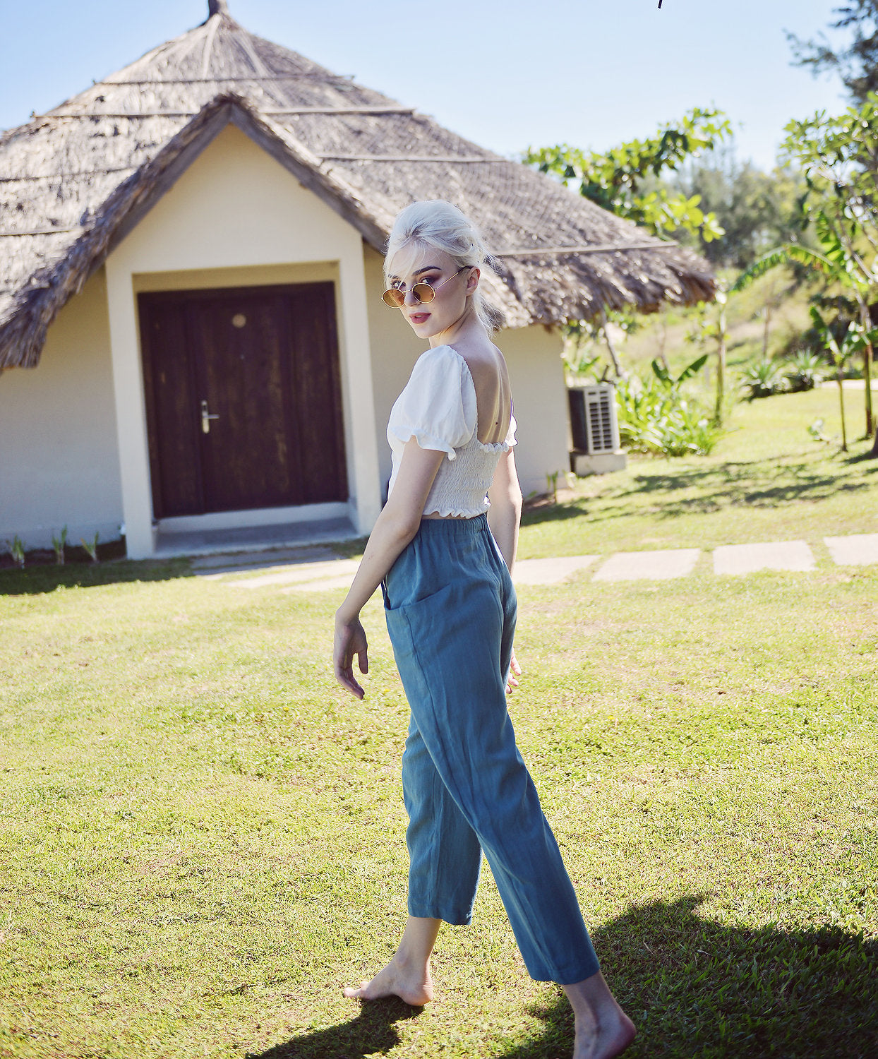 Relaxed Fit Linen Pants - Cotton Long Pants - Elastic waist Linen Pants