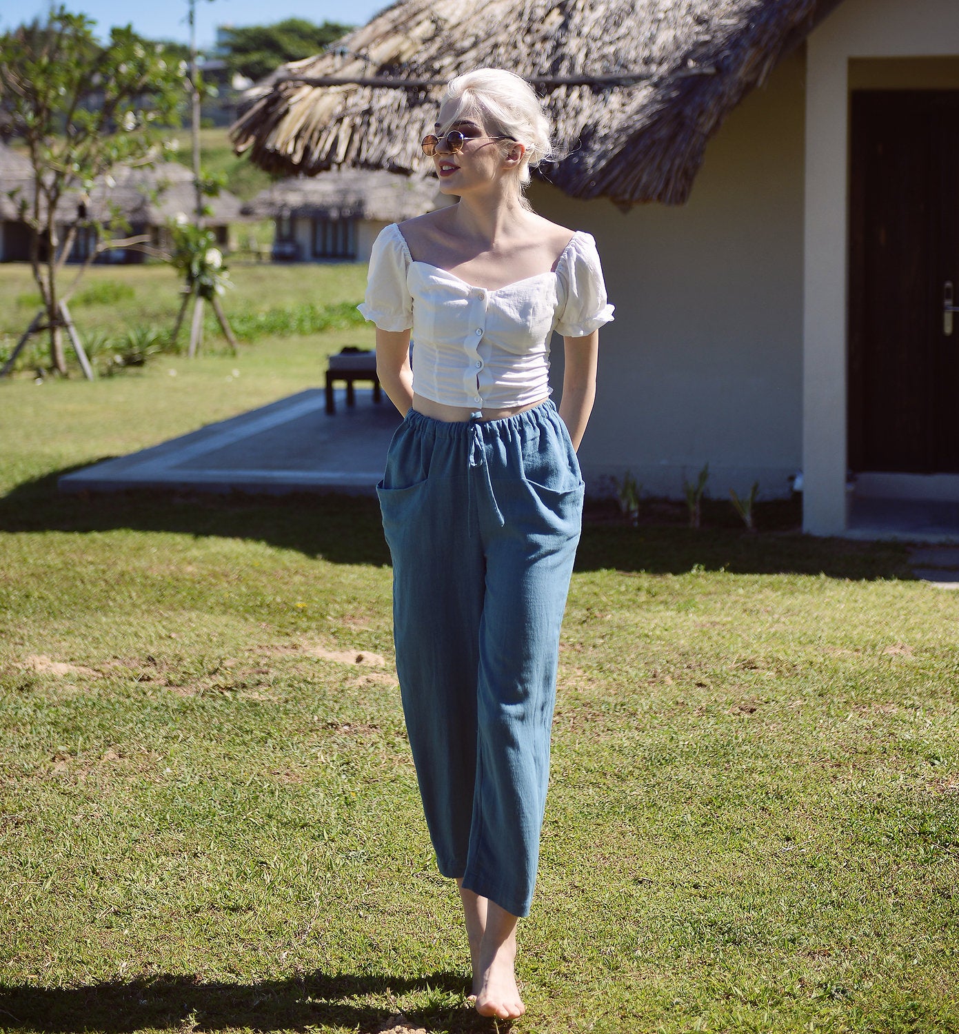 Relaxed Fit Linen Pants - Cotton Long Pants - Elastic waist Linen Pants
