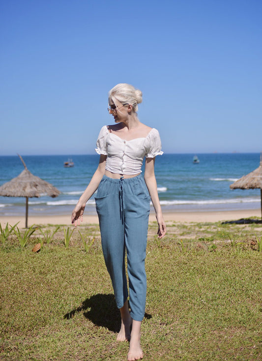Relaxed Fit Linen Pants - Cotton Long Pants - Elastic waist Linen Pants