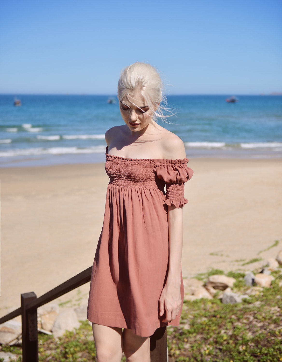 Linen Summer Dress - Women Off shoulder Dress - Linen Cotton Dress - Natural Fabric