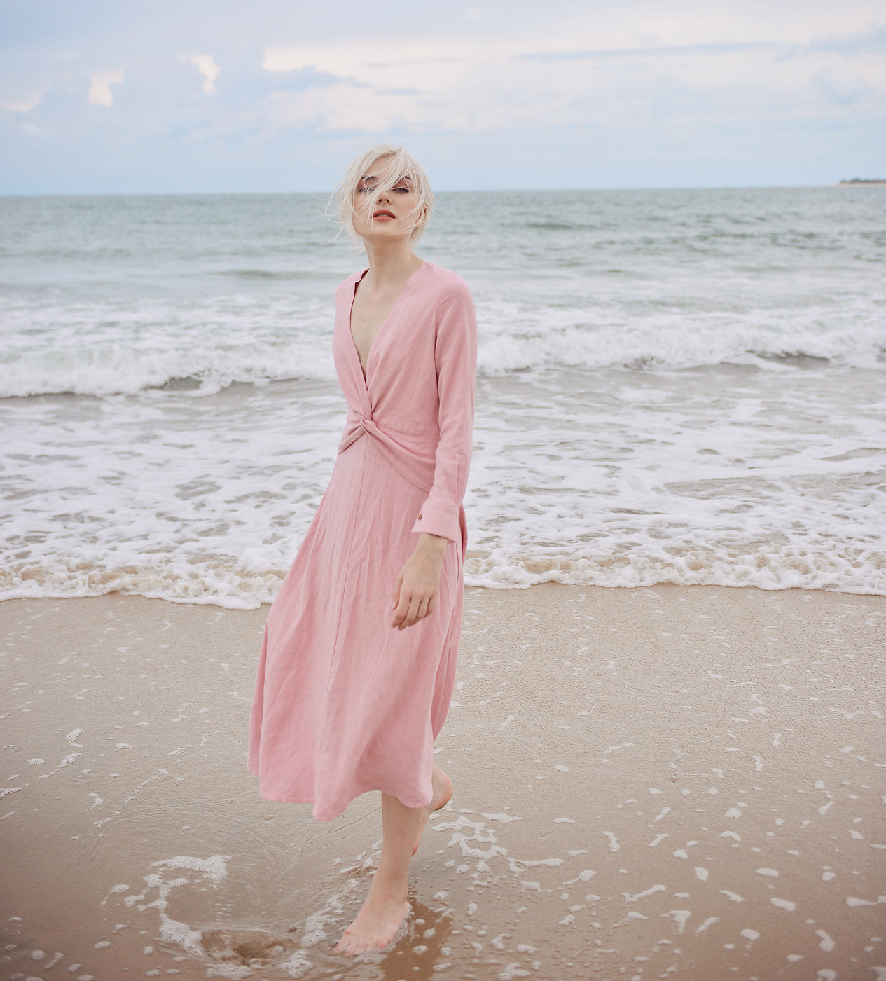 Knot Front Linen Dress - Linen Summer Clothing - Cotton Midi Tunic Dress