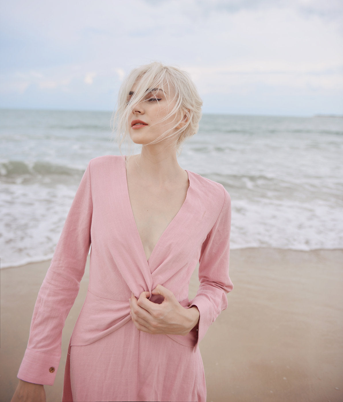 Knot Front Linen Dress - Linen Summer Clothing - Cotton Midi Tunic Dress