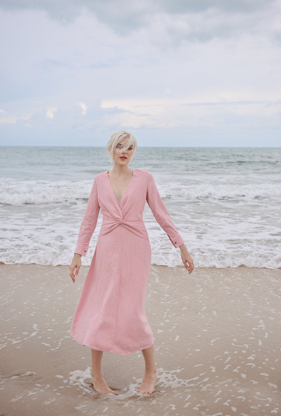 Knot Front Linen Dress - Linen Summer Clothing - Cotton Midi Tunic Dress