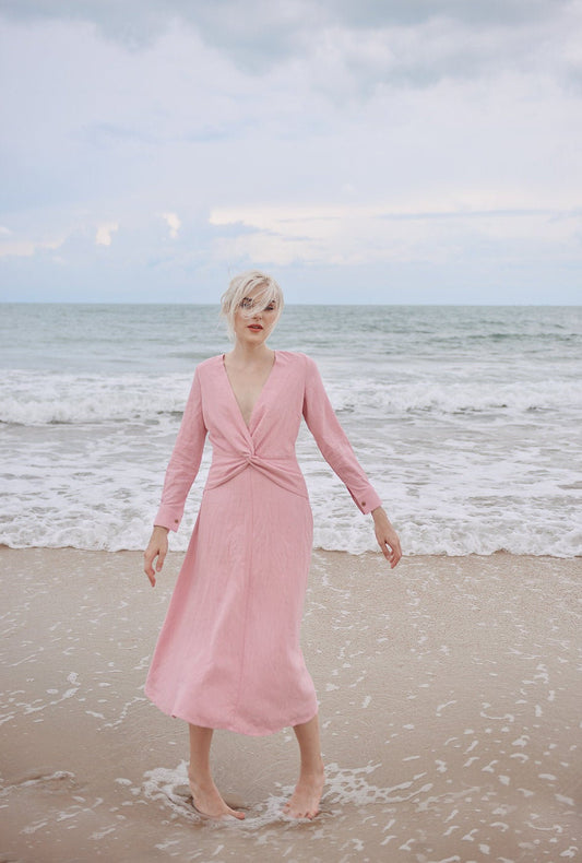 Knot Front Linen Dress - Linen Summer Clothing - Cotton Midi Tunic Dress
