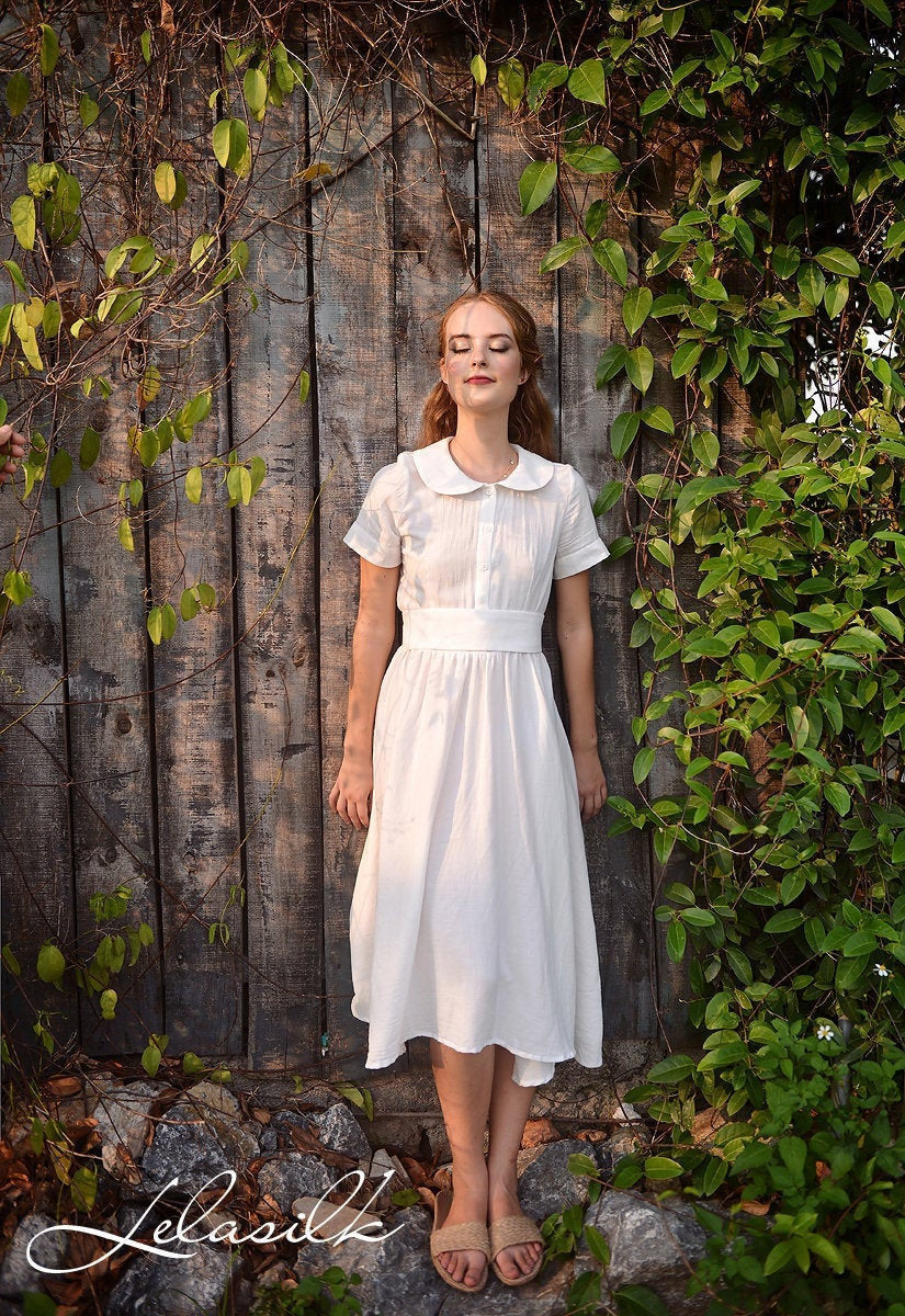 Summer Midi Linen Dress - Linen Dress with Collar - Midi Cotton Dress - Women White Midi Dress - Organic Cotton Clothing