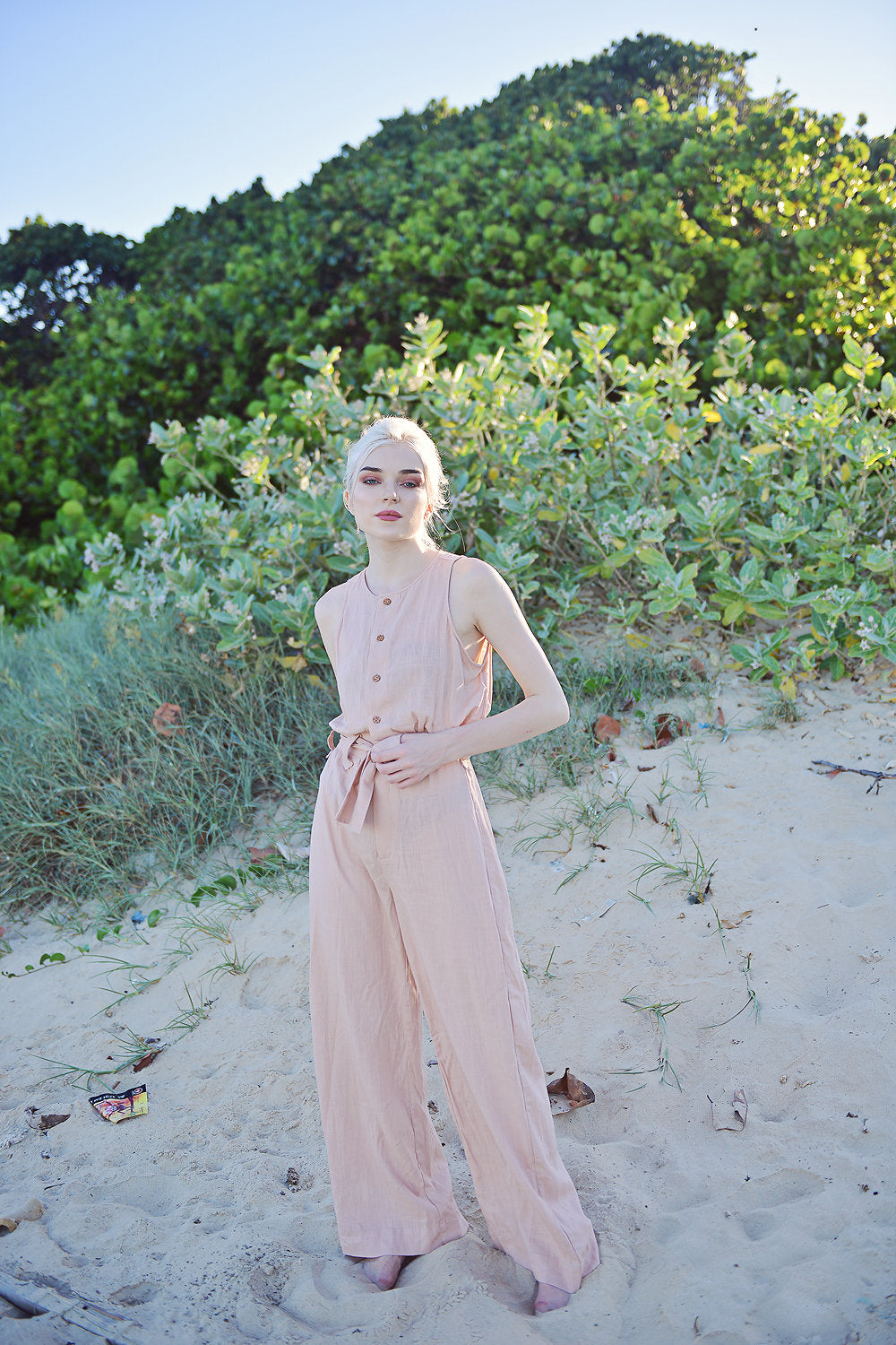 Women Linen Jumpsuit - Linen Button Overalls - Cotton Linen Romper - Linen Sleeveless Overalls