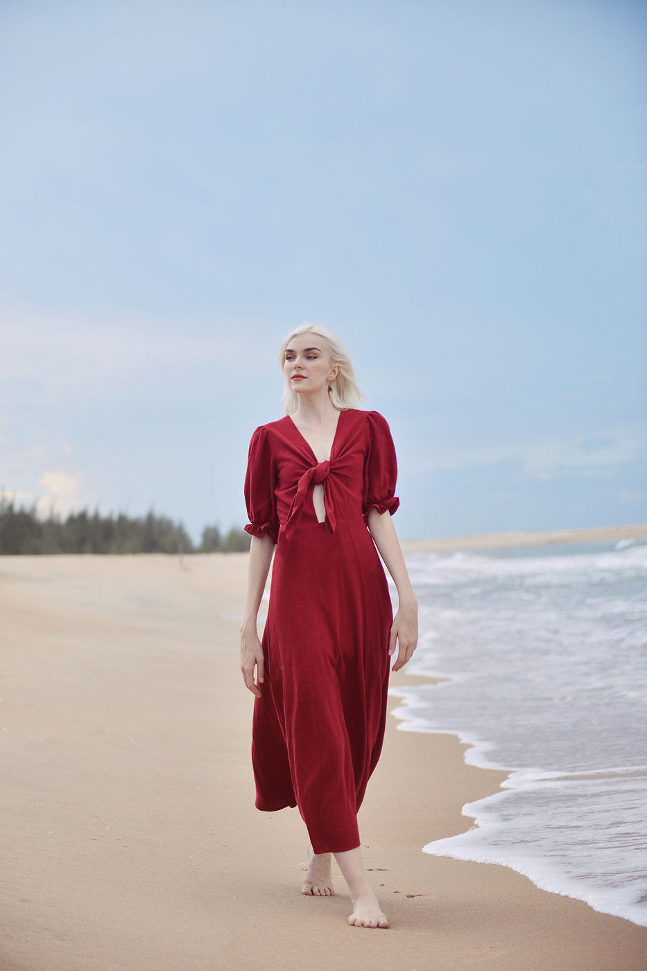 Red Linen Dress - Midi Linen Dress - Bow Tie Linen Dress