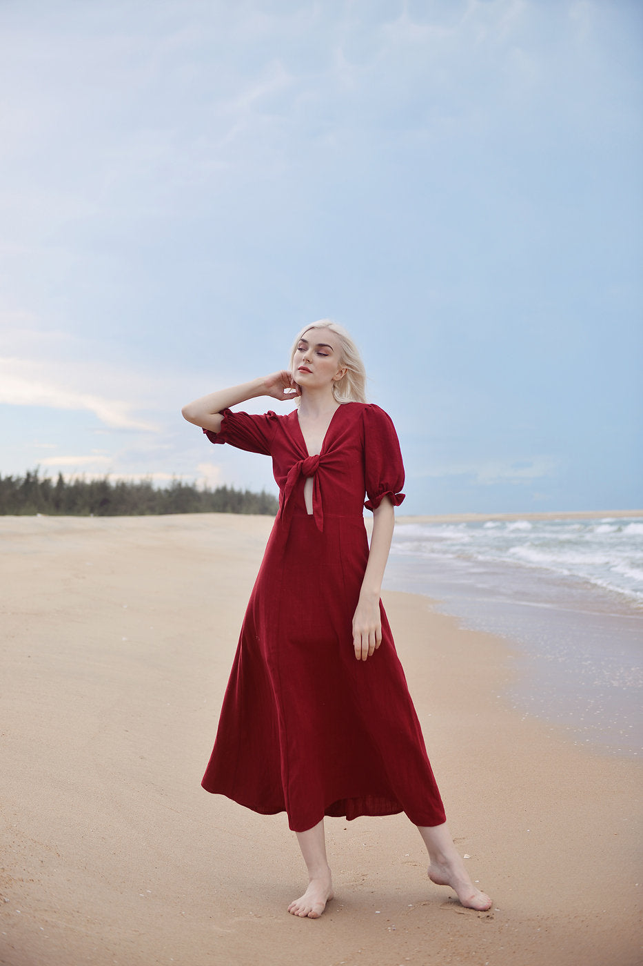 Red Linen Dress - Midi Linen Dress - Bow Tie Linen Dress