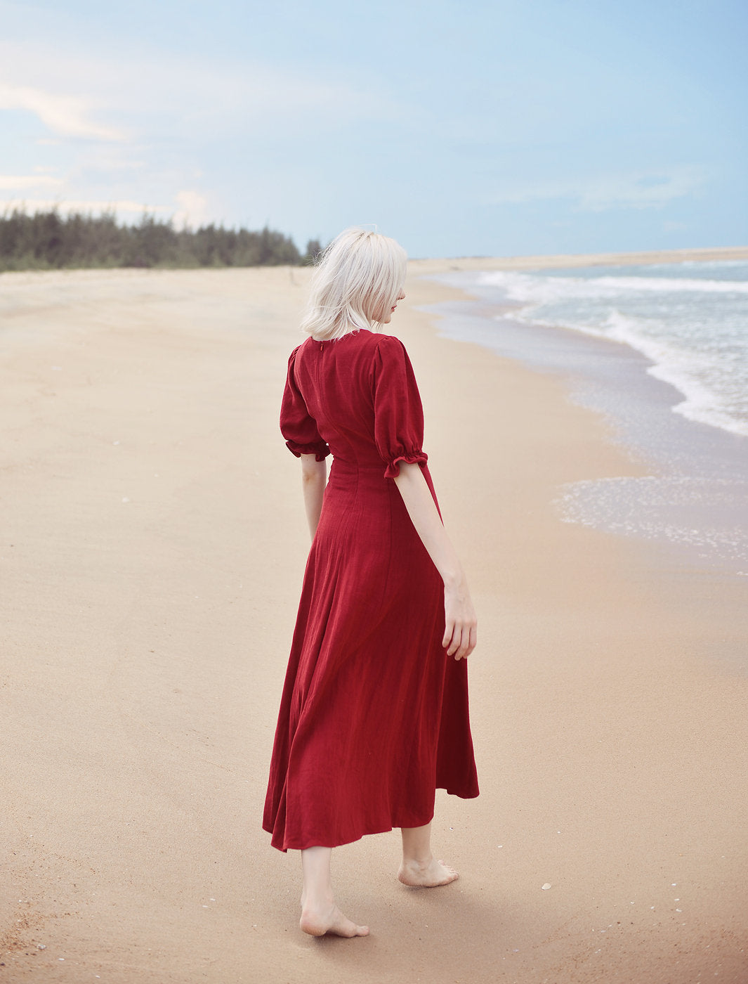 Red Linen Dress - Midi Linen Dress - Bow Tie Linen Dress