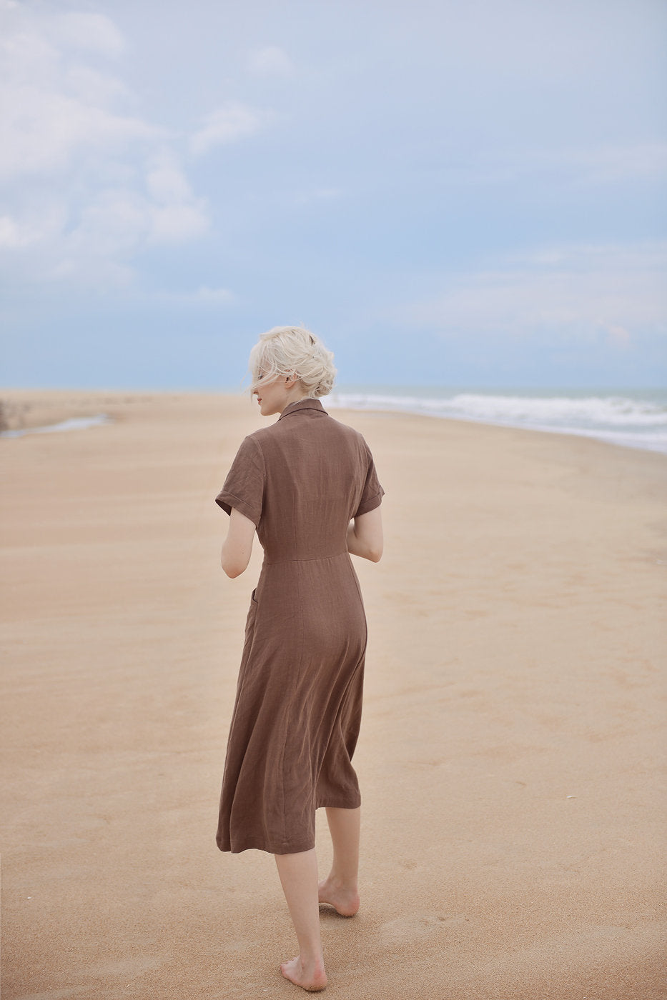 Button Linen Dress - Simple Cotton Dress - Short Sleeves Cotton Dress