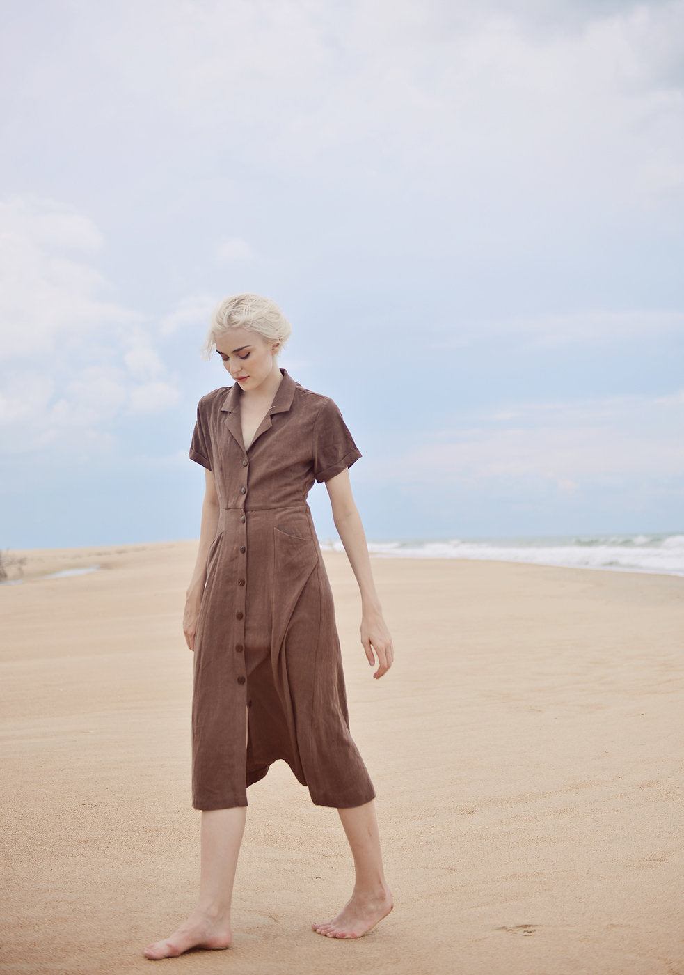 Button Linen Dress - Simple Cotton Dress - Short Sleeves Cotton Dress