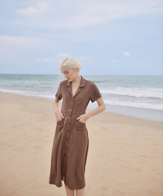 Button Linen Dress - Simple Cotton Dress - Short Sleeves Cotton Dress