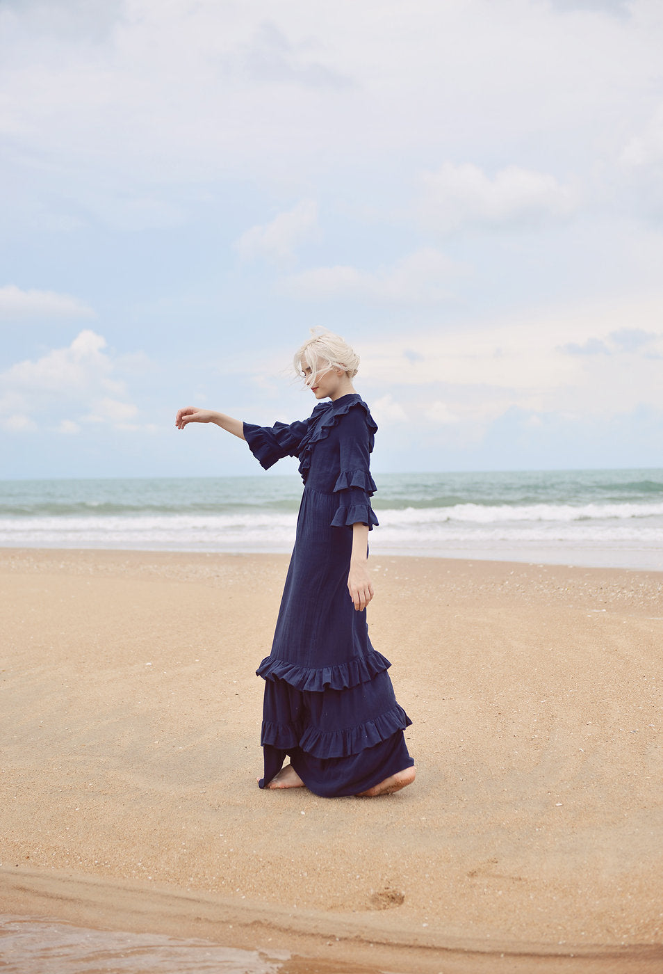 Cotton Dress with Frills - Cotton Linen Maxi Dress - Women Full Length Dress - Organic Clothing