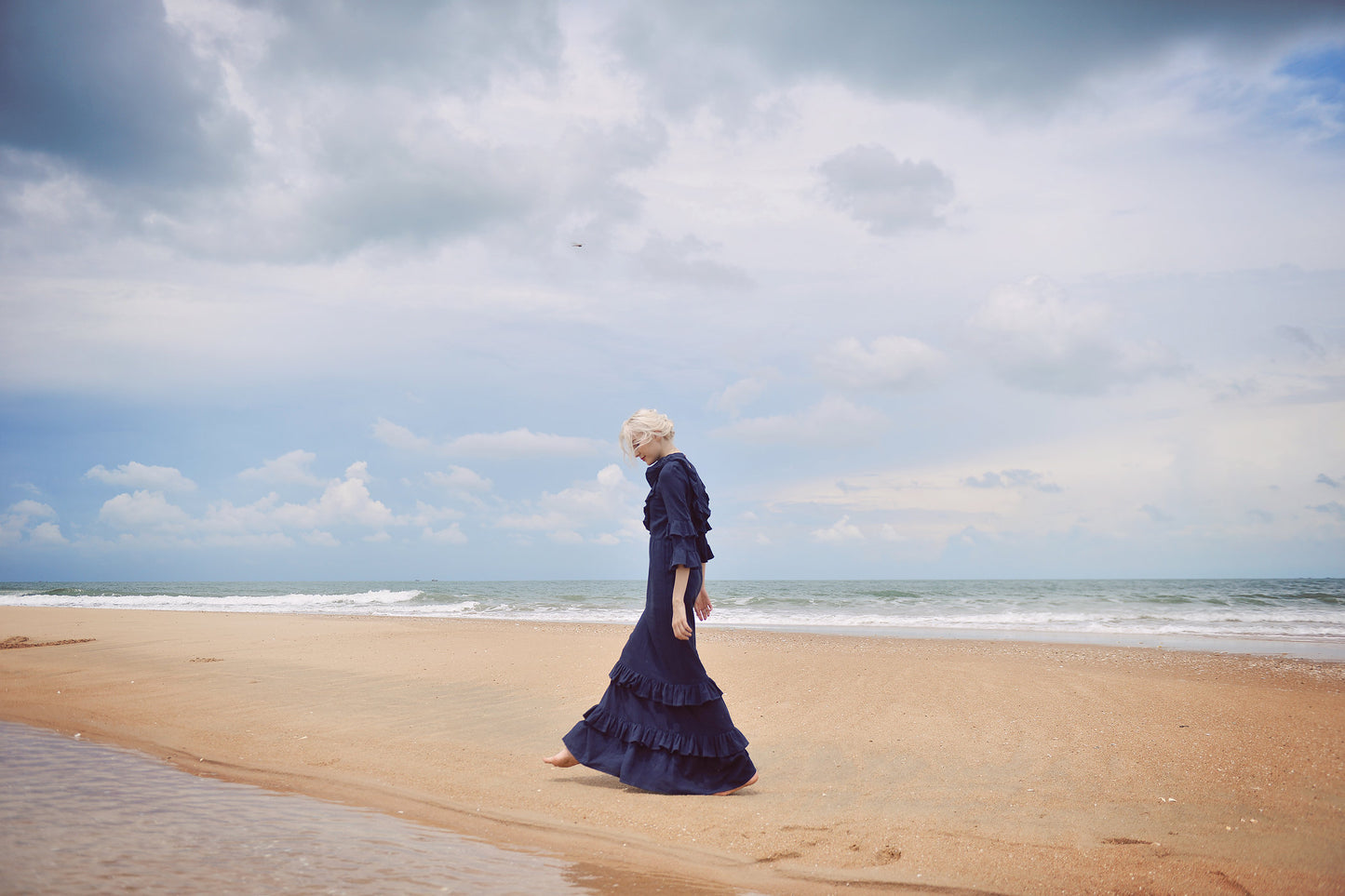 Cotton Dress with Frills - Cotton Linen Maxi Dress - Women Full Length Dress - Organic Clothing