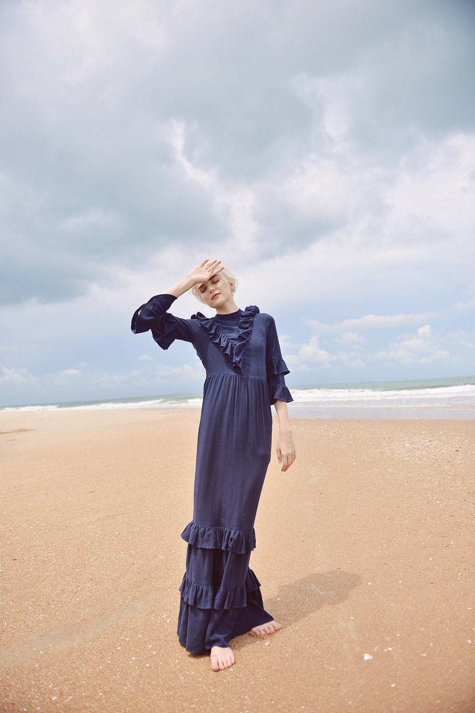 Cotton Dress with Frills - Cotton Linen Maxi Dress - Women Full Length Dress - Organic Clothing