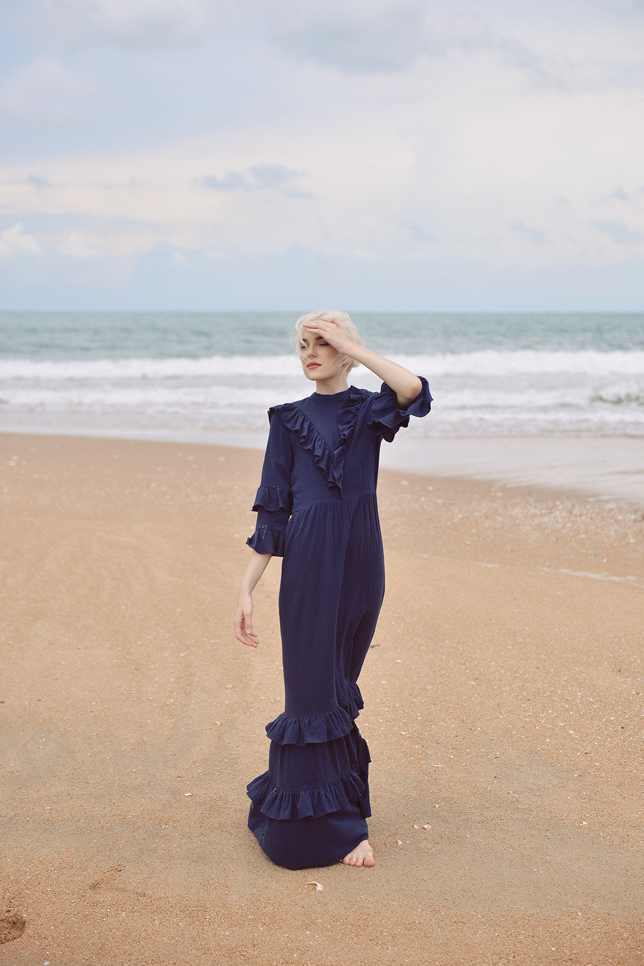 Cotton Dress with Frills - Cotton Linen Maxi Dress - Women Full Length Dress - Organic Clothing