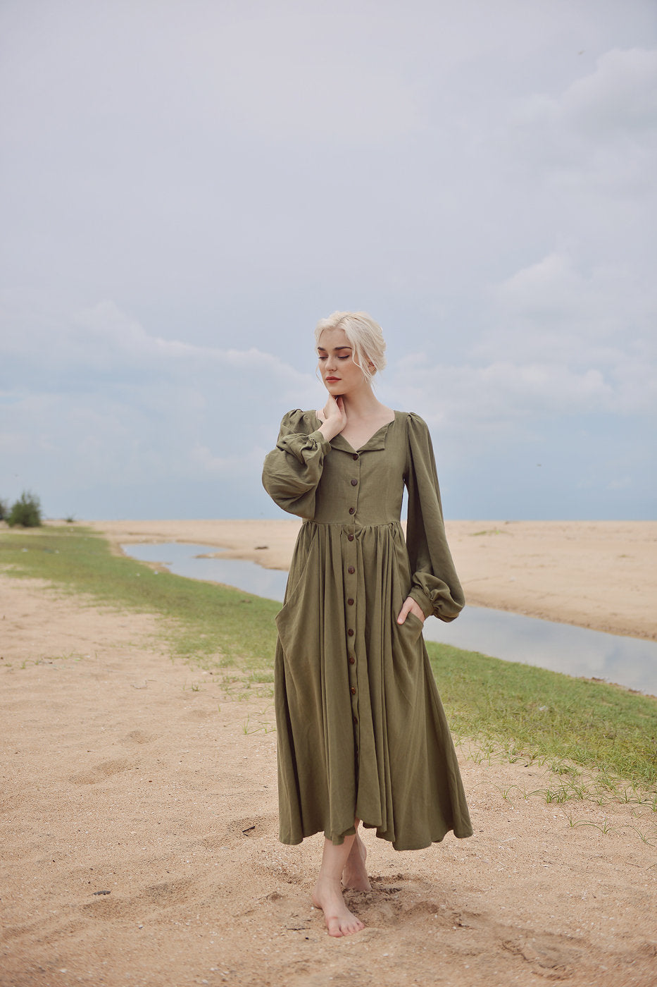 Linen Dress with Puff Sleeves - Long Linen Dress - Vintage Style Linen Dress - Folded Neck Long Dress