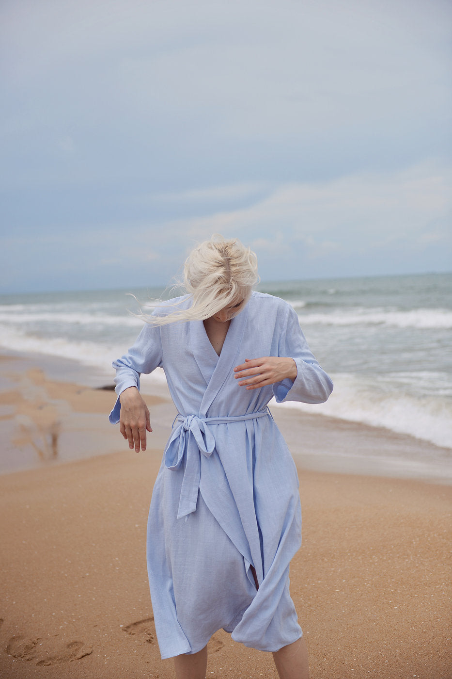 Linen Robe for Women - Long Sleeves Linen Robe - Knee Length Cotton Robe