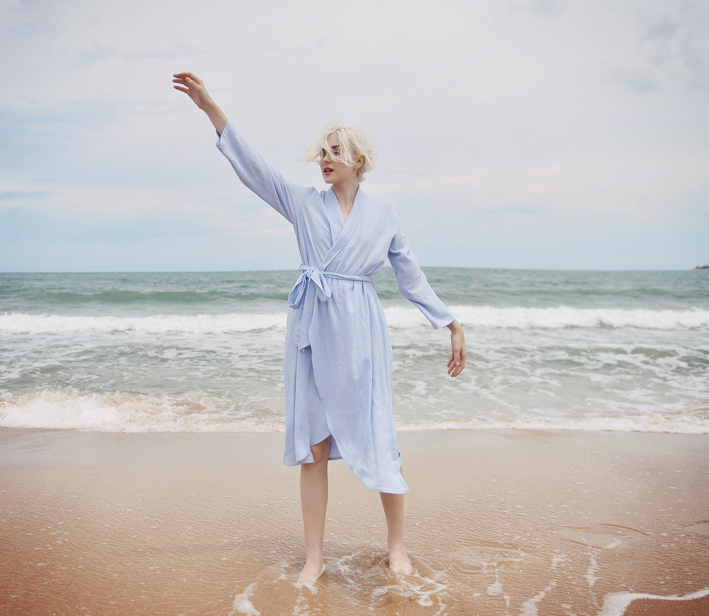 Linen Robe for Women - Long Sleeves Linen Robe - Knee Length Cotton Robe