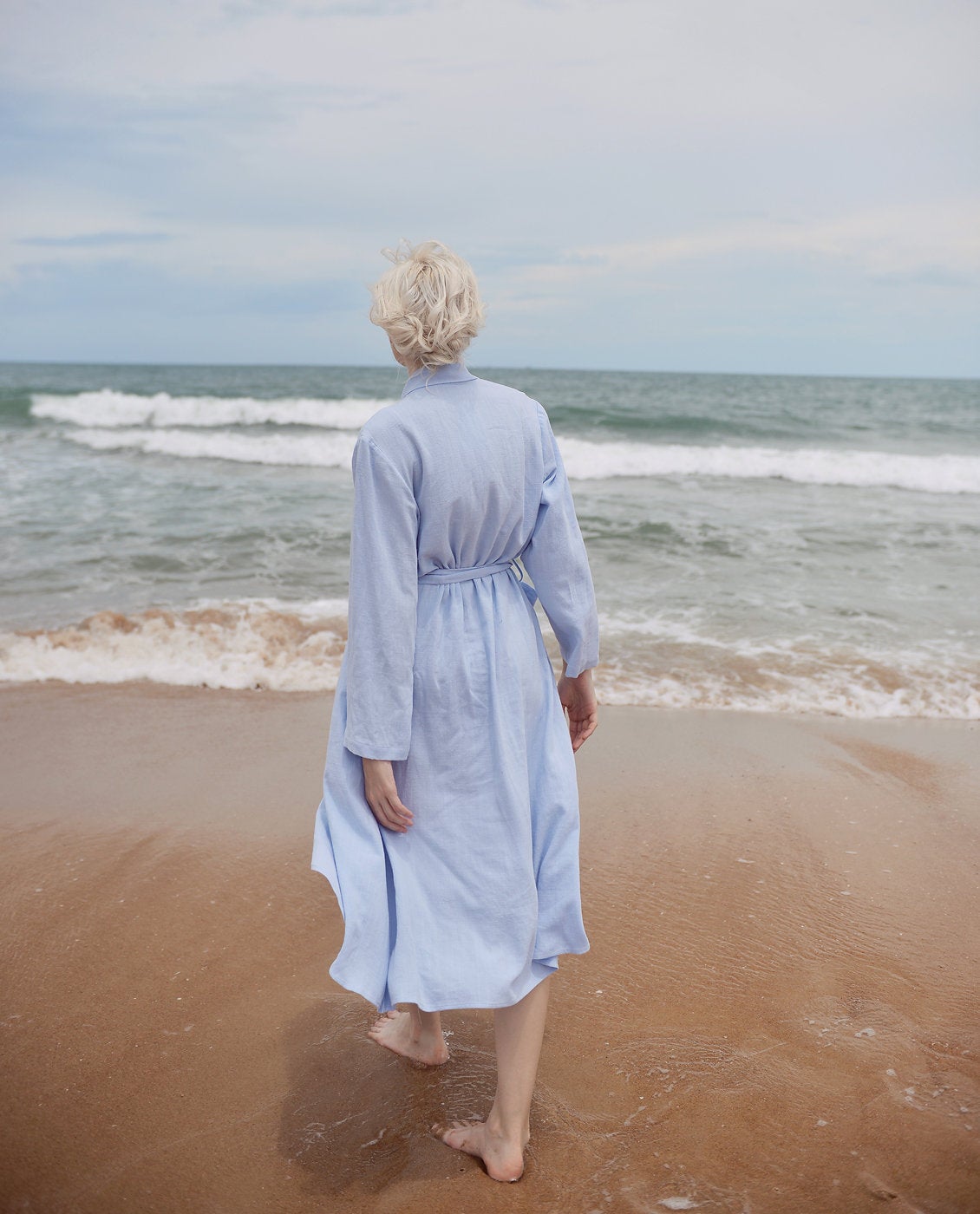 Linen Robe for Women - Long Sleeves Linen Robe - Knee Length Cotton Robe