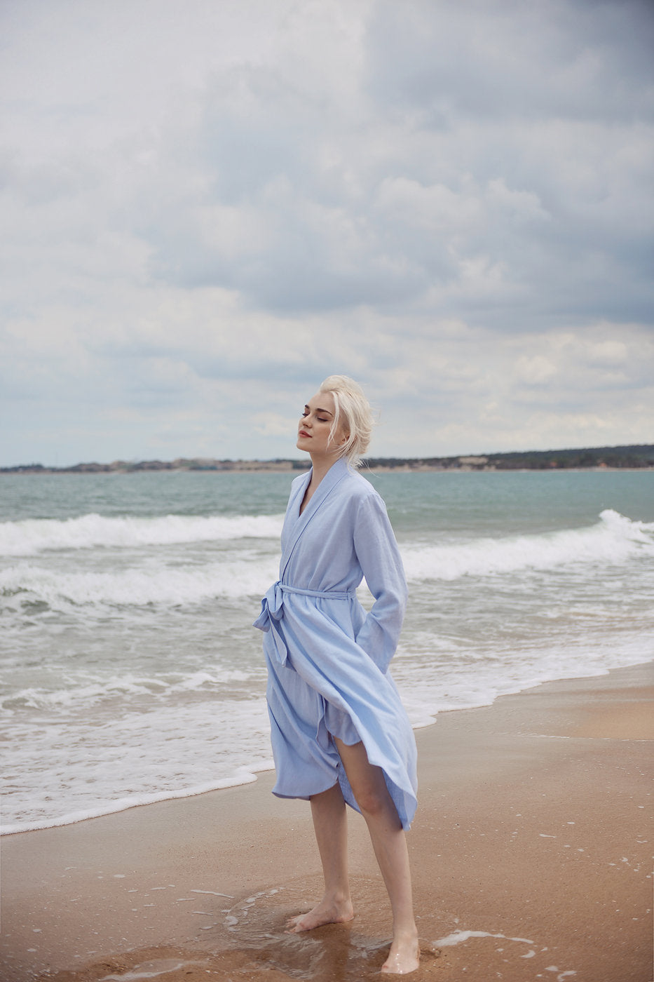 Linen Robe for Women - Long Sleeves Linen Robe - Knee Length Cotton Robe