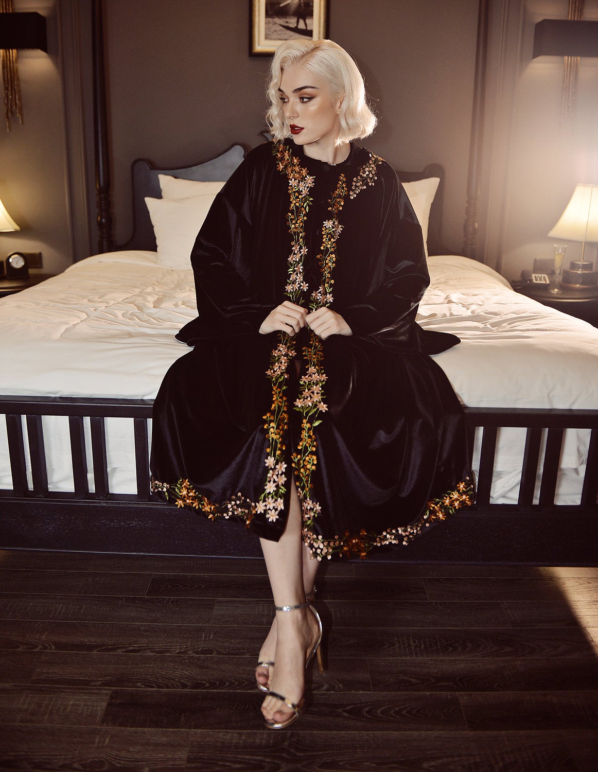 Velvet Kimono Robe - Flower Embroidered Robe - Warm Winter Robe