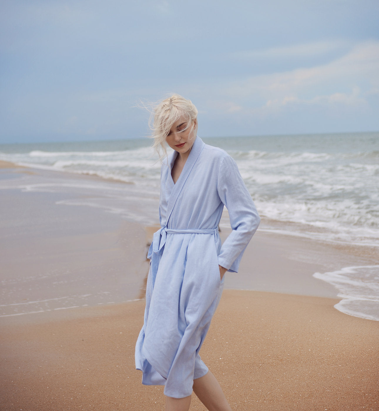 Linen Robe for Women - Long Sleeves Linen Robe - Knee Length Cotton Robe