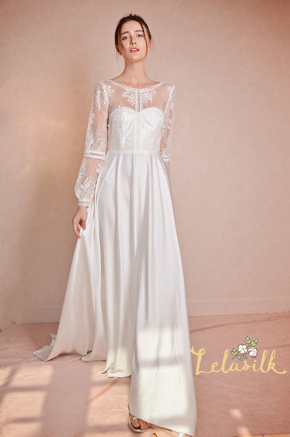 Lace Long Bridal Dress - Silk Wedding Dress - Modern Lace White Dress
