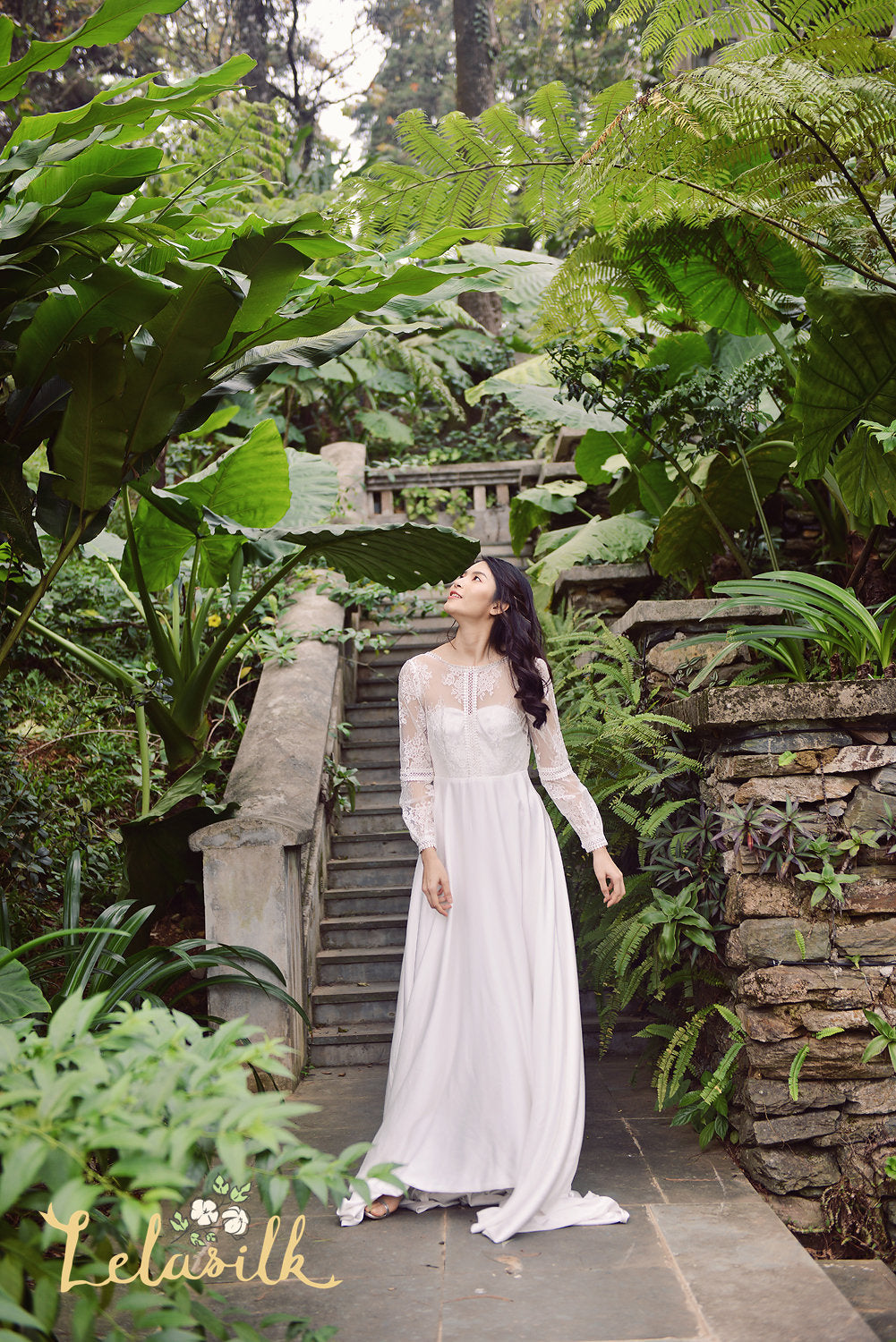 Lace Long Bridal Dress - Silk Wedding Dress - Modern Lace White Dress