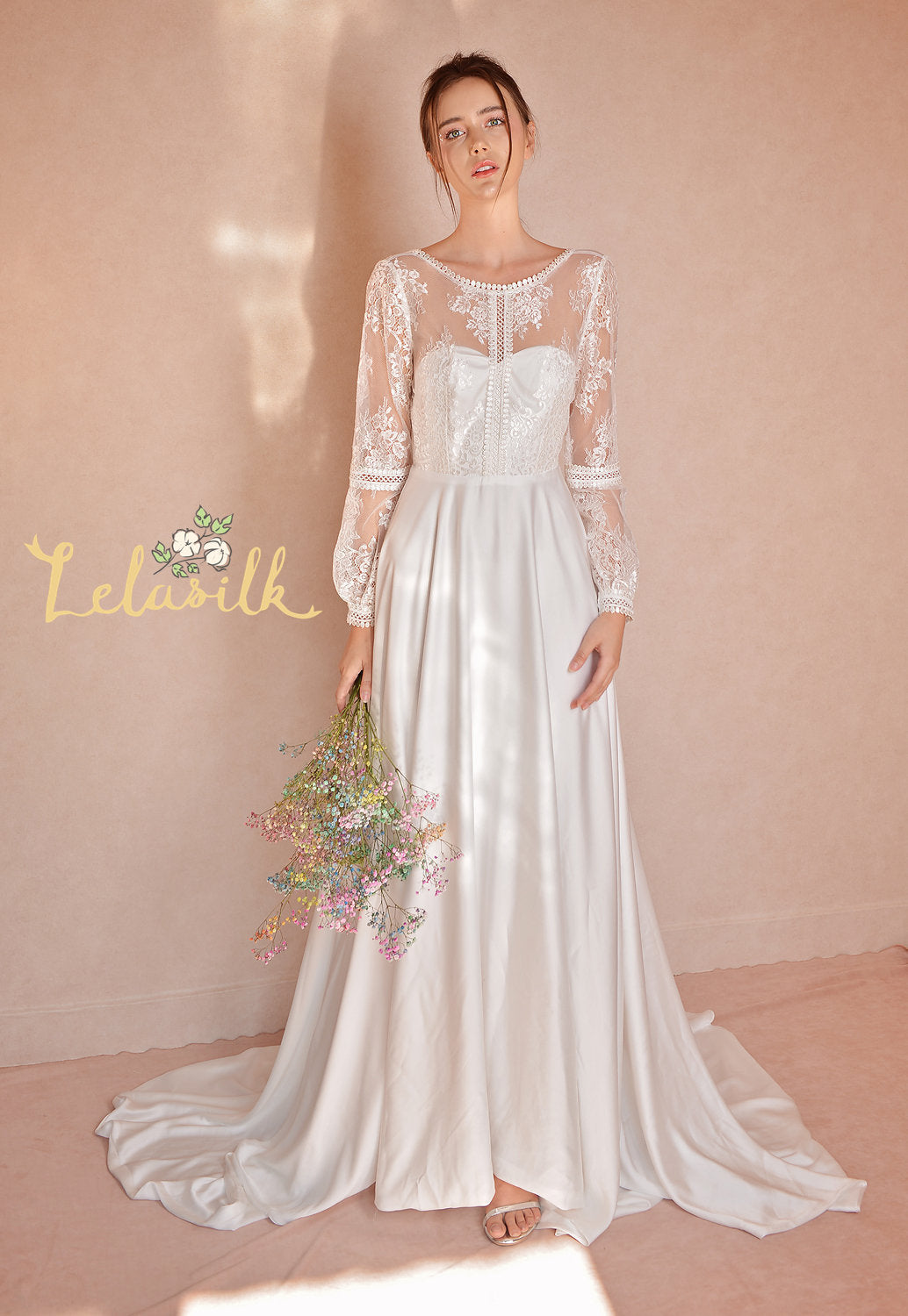 Modern Lace White Dress - Long Train Silk Dress - Silk Wedding Dress