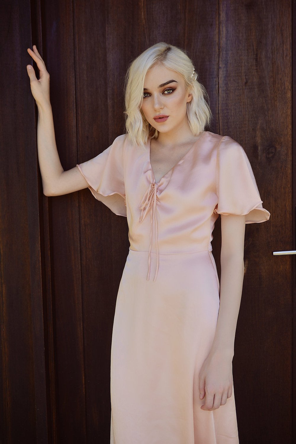 TRISHA Short Sleeve Silk Midi Dress