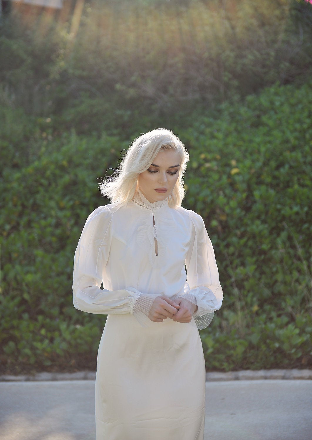 High Neck Silk Dress - Silk Wedding Dress with Long Sleeves - Silk Bridal Gown