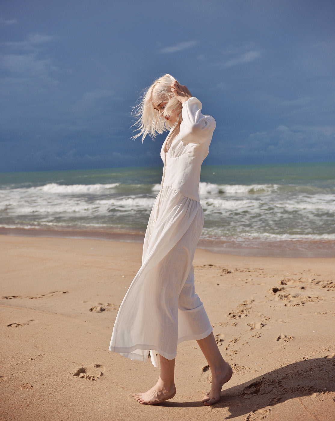 Linen Dress White - Midi Linen Dress - Organic Cotton Dress