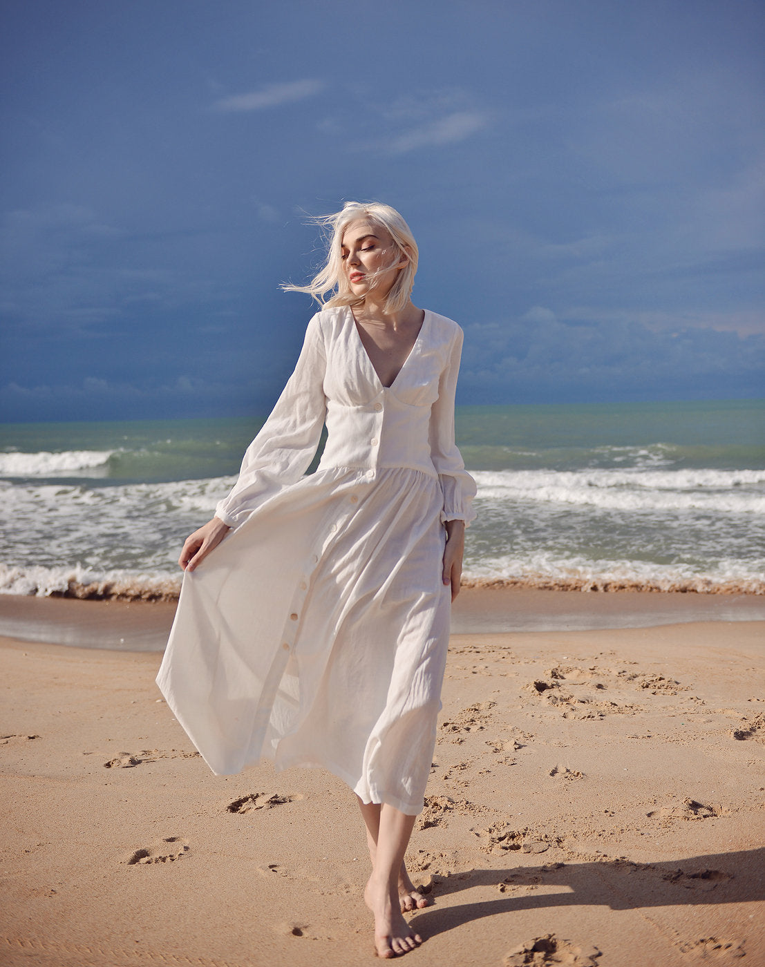 Linen Dress White - Midi Linen Dress - Organic Cotton Dress