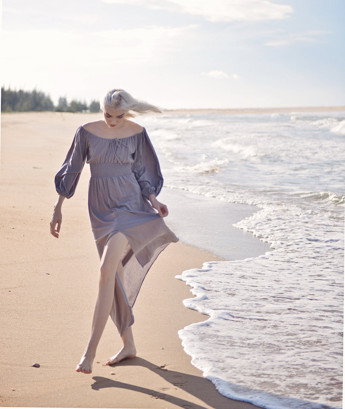 Off-shoulder Linen Dress - Long Sleeves Dress - Comfy FloorLength Dress - Natural Fabric