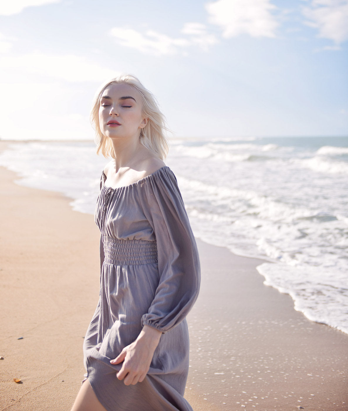 Off-shoulder Linen Dress - Long Sleeves Dress - Comfy FloorLength Dress - Natural Fabric