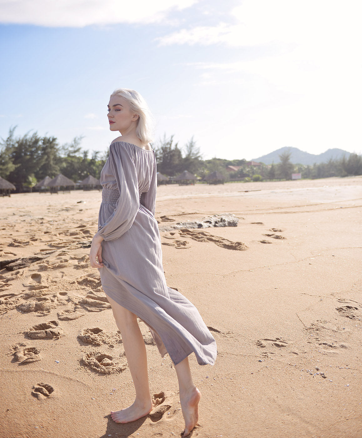 Off-shoulder Linen Dress - Long Sleeves Dress - Comfy FloorLength Dress - Natural Fabric