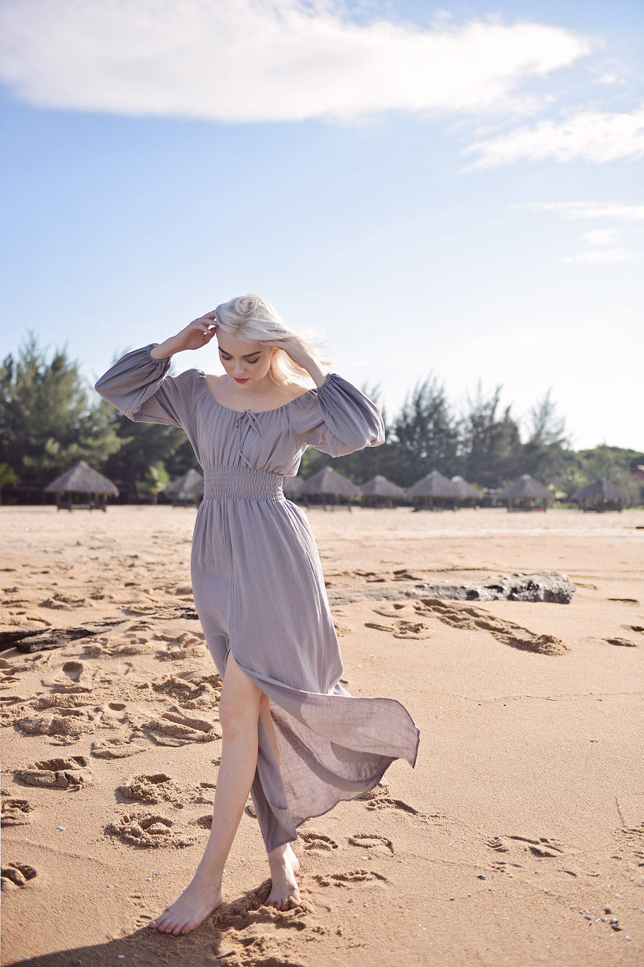 Off-shoulder Linen Dress - Long Sleeves Dress - Comfy FloorLength Dress - Natural Fabric