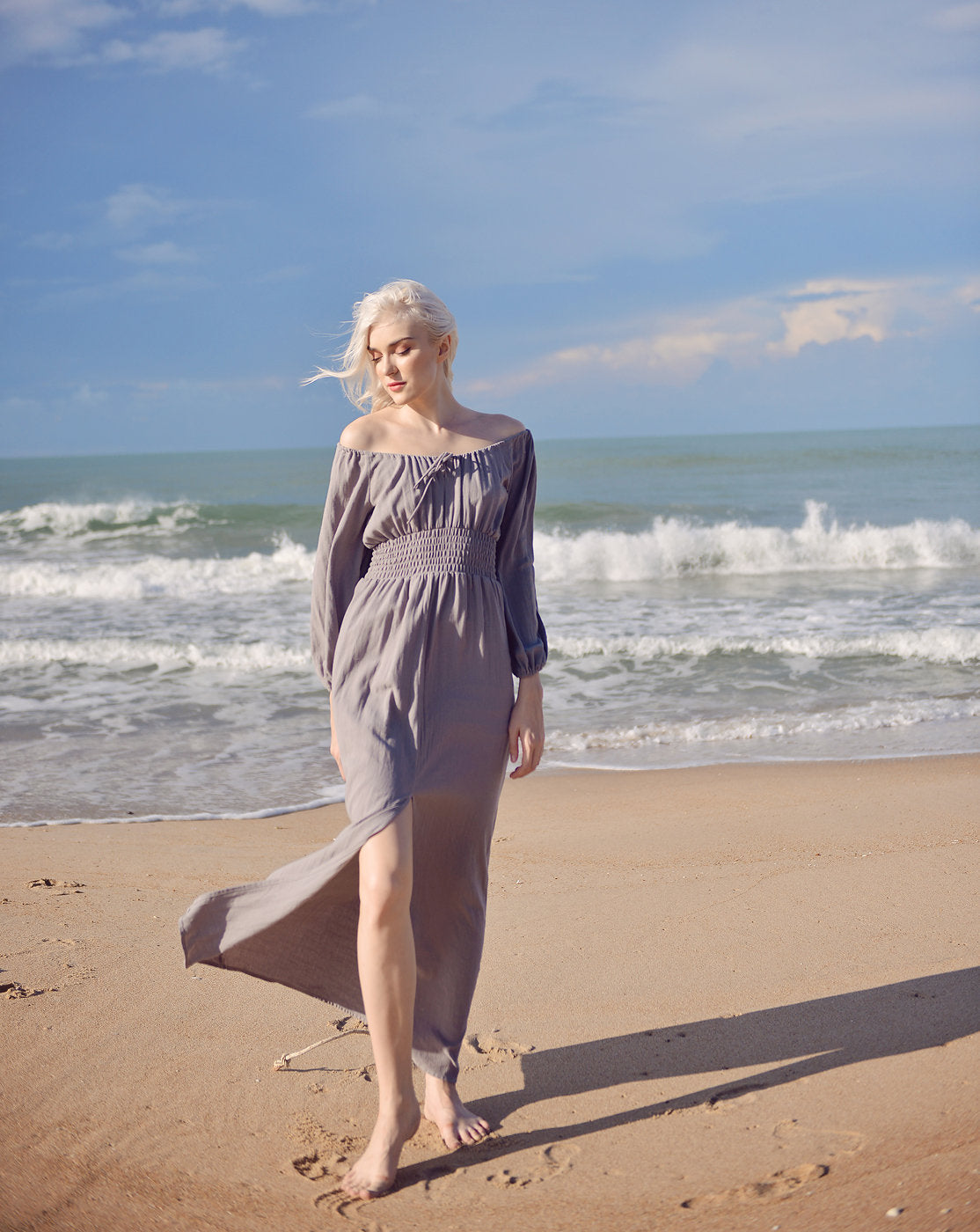 Off-shoulder Linen Dress - Long Sleeves Dress - Comfy FloorLength Dress - Natural Fabric