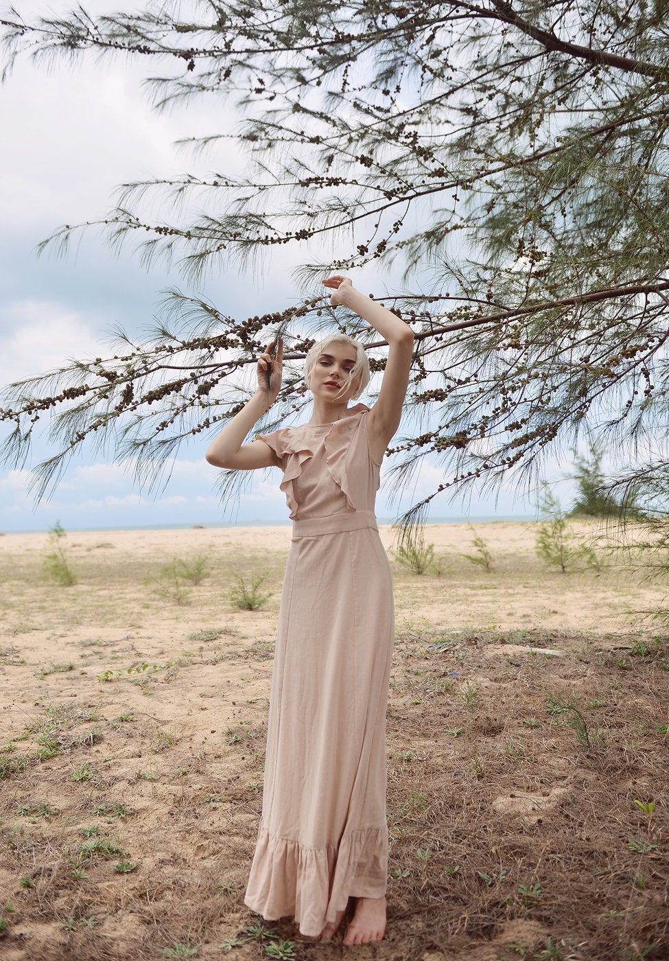 Maxi Linen Dress - Women Organic Cotton Dress - Beach Resort Dress