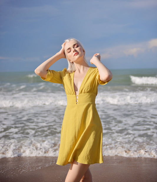 Linen Dress Short Sleeves - Midi Linen Dress - Organic Cotton Dress