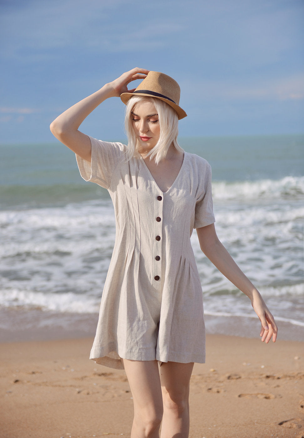 Linen Women Romper - Linen Jumpsuit for Women - Short Linen Jumper -  Organic Cotton Romper