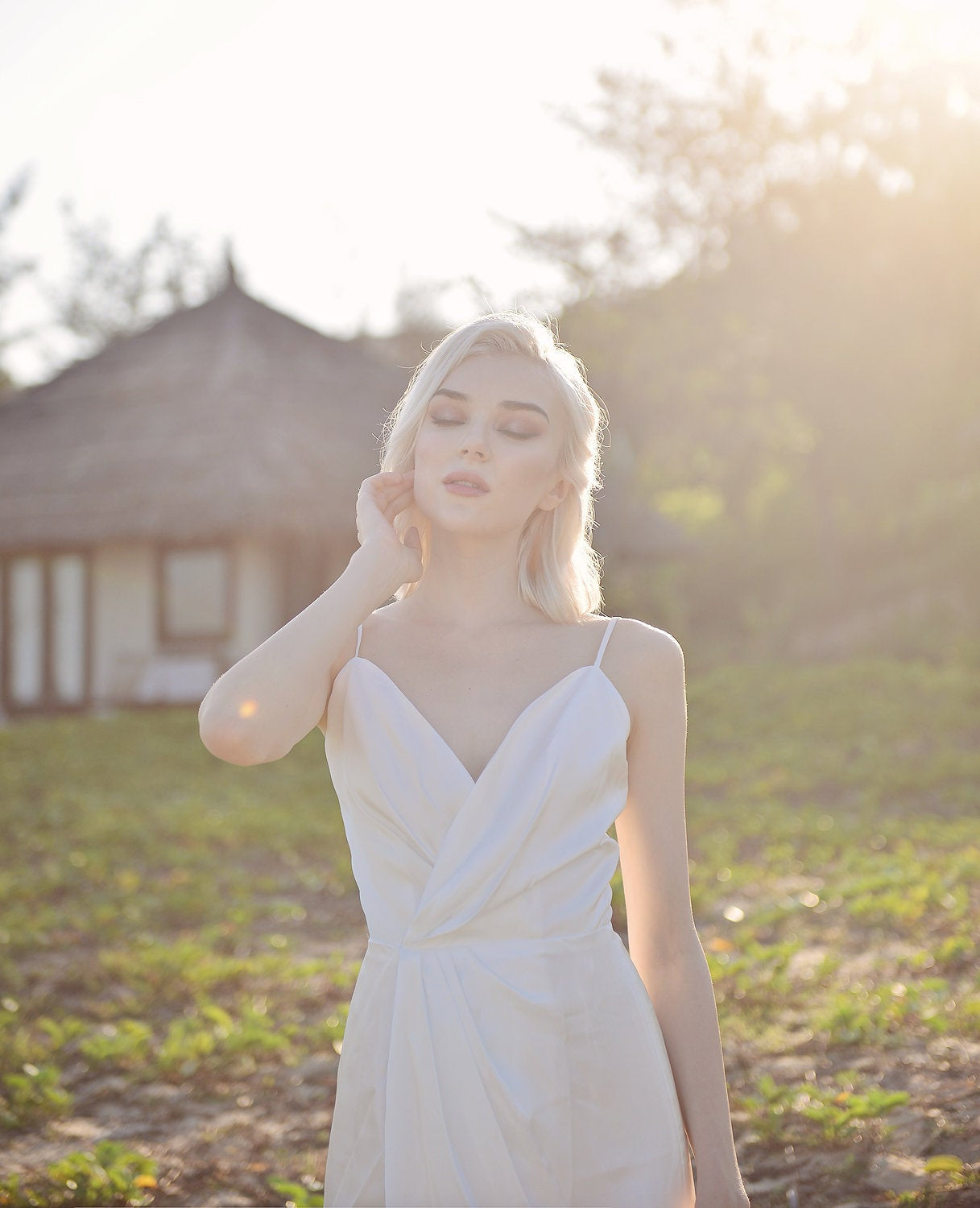 Vneck Wedding Dress Chapel Train - Silk Bridal Gown - Simple Wedding Dress