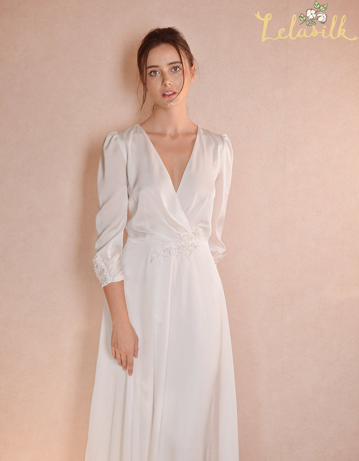 Simple Wedding Dress - Women Long Dress - Embroidered Waist Dress - Long Silk Dress