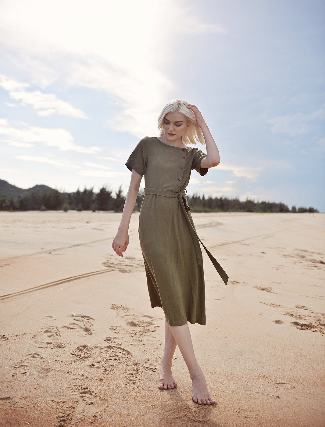 Linen Dress with Buttons - Midcalf Linen Dress - Long Linen Summer Dress