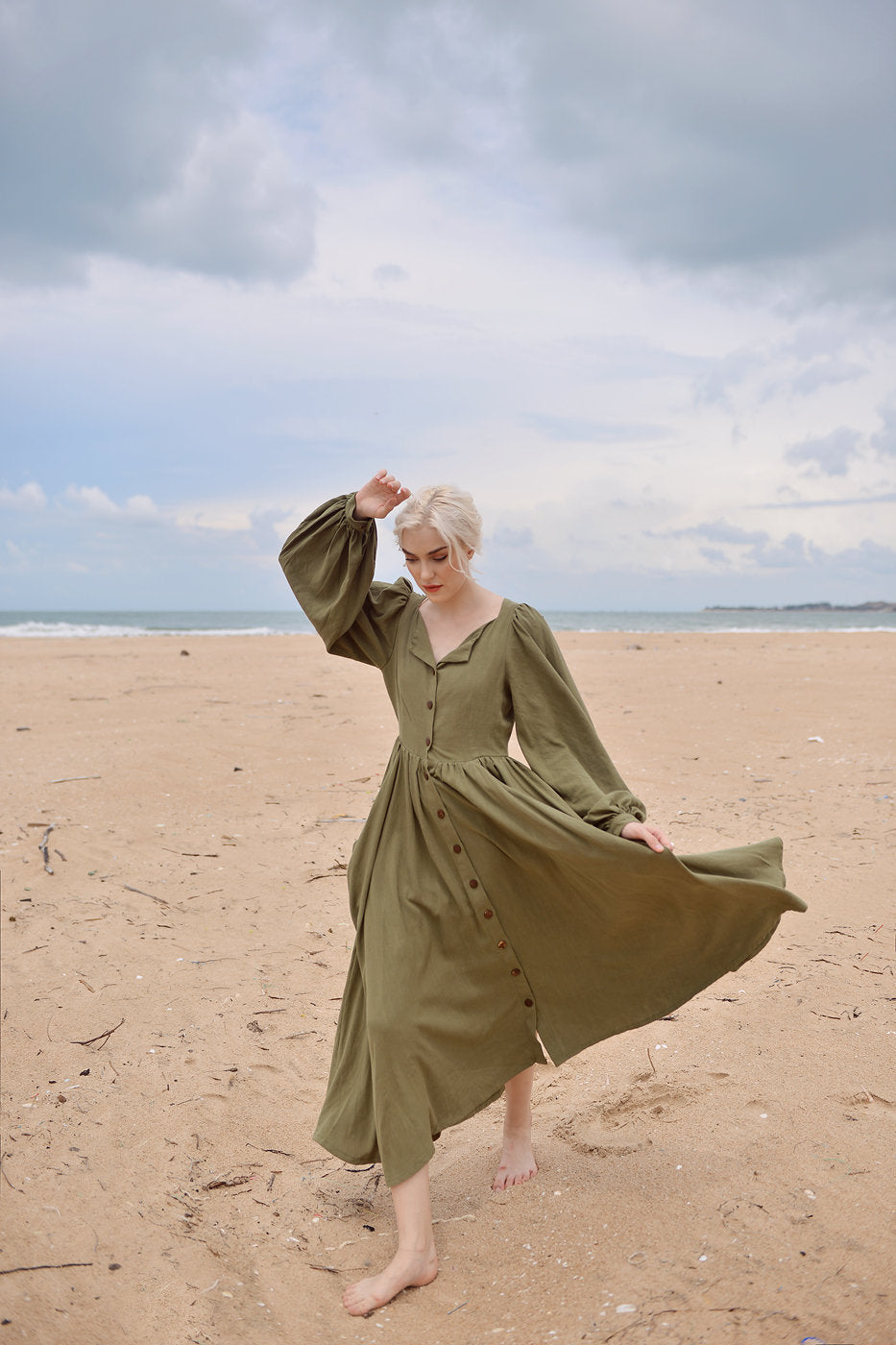 Linen Dress with Puff Sleeves - Long Linen Dress - Vintage Style Linen Dress - Folded Neck Long Dress