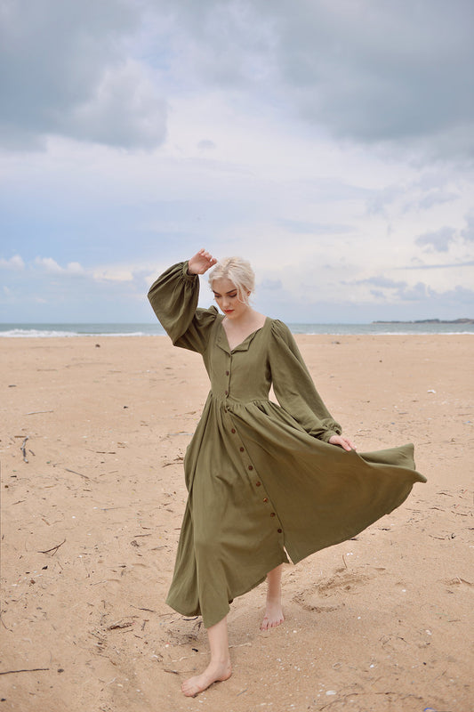Linen Dress with Puff Sleeves - Long Linen Dress - Vintage Style Linen Dress - Folded Neck Long Dress