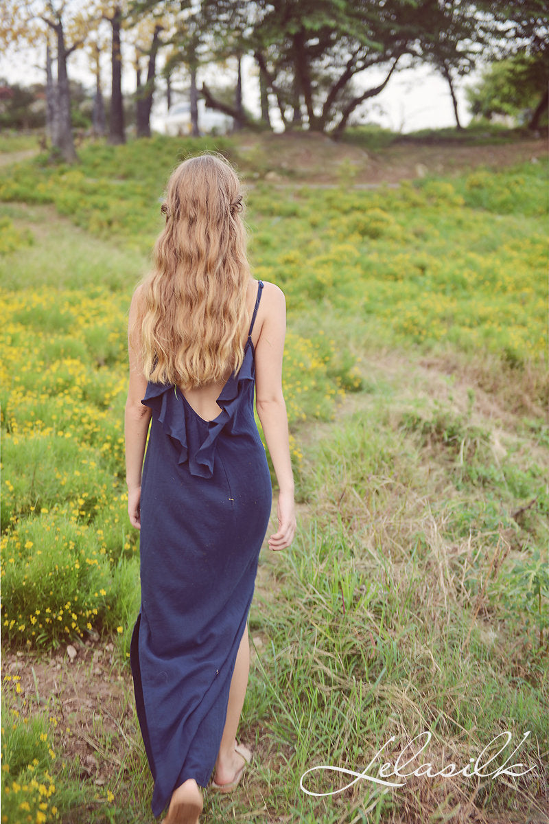 Lowback Linen Dress - Long Linen Dress - Linen Cotton Slip - Sides Slit Dress